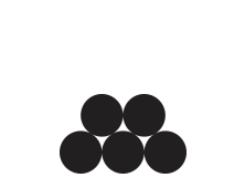 Sechs schwarze Kreise in einer pyramidenförmigen Anordnung.